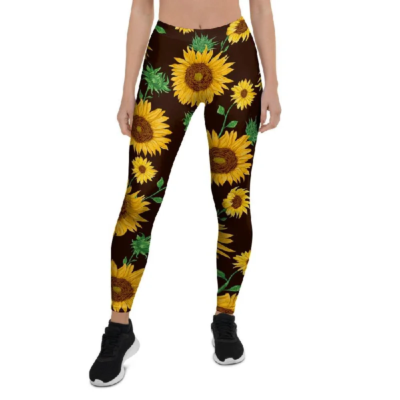 Black Sunflower Print Women's Leggings