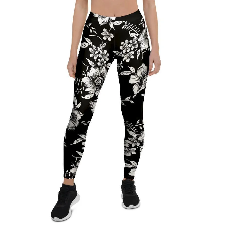 Black White Floral Print Women's Leggings