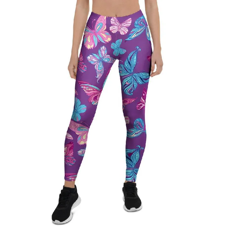 Blue And Pink Butterfly Print Women's Leggings