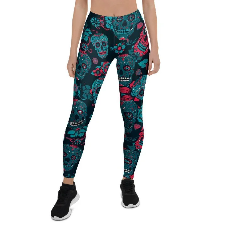 Blue And Red Floral Sugar Skull Women's Leggings