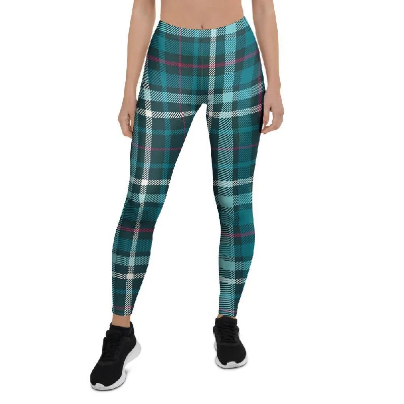 Blue Aqua Plaid Tartan Women's Leggings