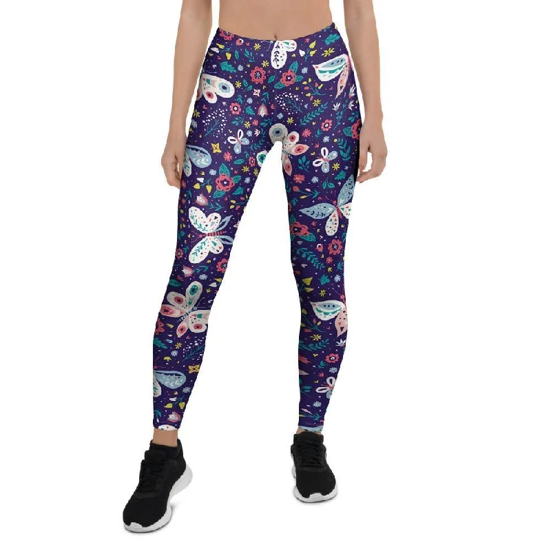 Blue Butterfly Floral Print Women's Leggings