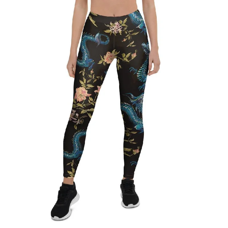 Blue Chinese Dragon Floral Print1 Women's Leggings