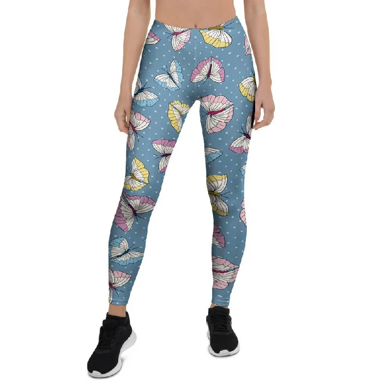Seasonal Clearance Blue Polka Dots Butterfly Print Women's Leggings