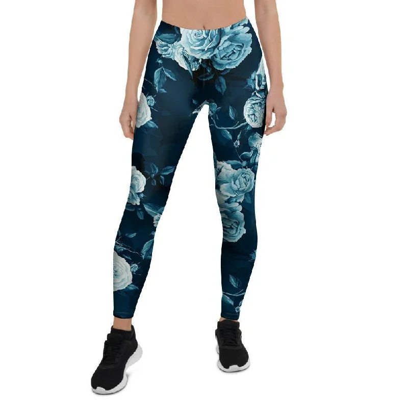 Exclusive Preview Blue Rose Floral Print Women's Leggings