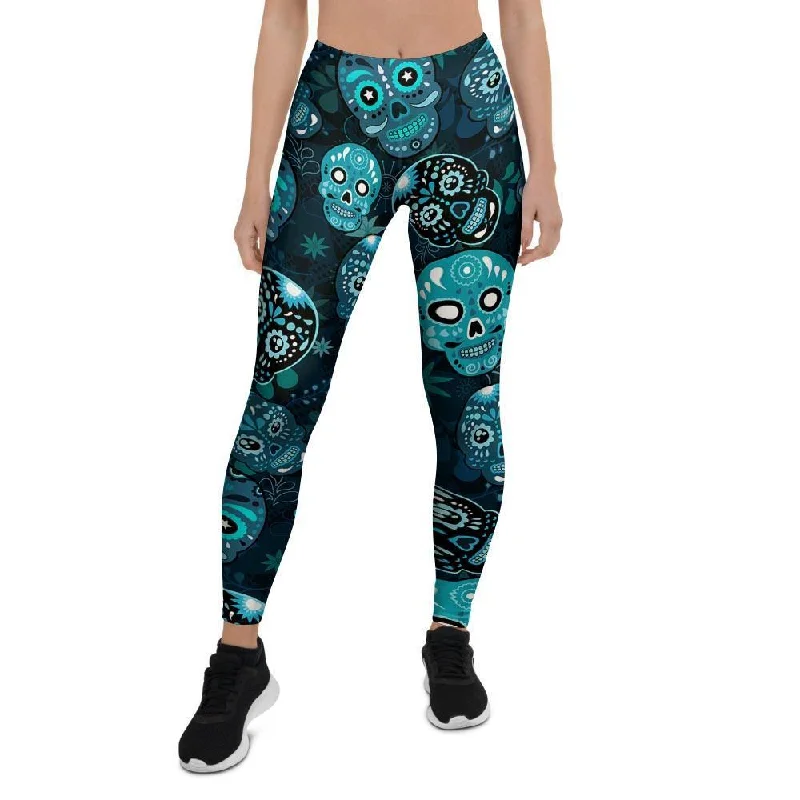 Referral Discount Blue Sugar Skull Print Women's Leggings